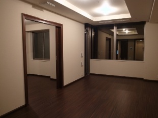 Living and room. Color is calm dark brown flooring and joinery