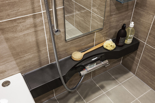 Bathing-wash room.  [Faucets built-in counter] A built-in crank legs to counter, By the arc-shaped design, Projecting a sense of the faucet is also eliminated (same specifications ※ Except for some)