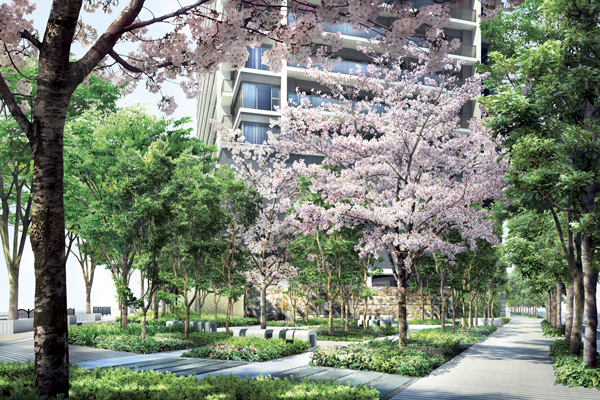 Features of the building.  [Seasonal terrace] And the wall of natural stone, Trees of four seasons, such as cherry or crape myrtle is the forest flowering terrace "Seasonal terrace". A walk in the sunshine filtering through foliage, Rest on a bench, Feel the season. Trees of the flow continues to the sidewalk, It wraps the entire site in the green. Beautiful in the city, Is the terrace of the mind settle rest (Rendering)