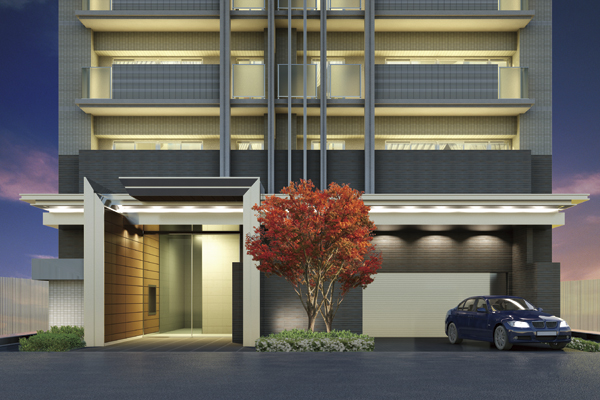 Features of the building.  [entrance] By to have a height on the first floor part, Directing the imposing presence was not buried in the city center of the landscape. Arch reminiscent of the large eaves and gates using a sharp aluminum talks about the rich style (Rendering)