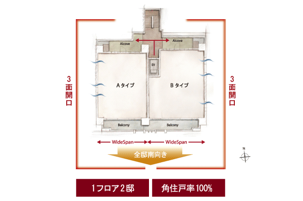 Features of the building.  [Floor plan] Zenteiminami direction ・ Wide span design of indoor space and spacious alcove is, To produce a bright and airy living. Also realize the whole mansion angle dwelling units in one highly independent sense of Floors 2 House dwelling unit layout. Privacy and you could live comfortably (floor plan view)