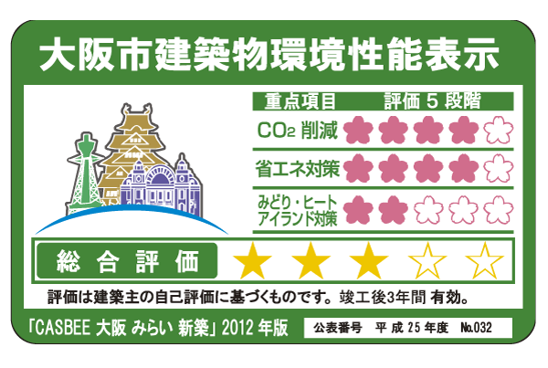 Building structure.  [Osaka City building environmental performance display system] By building comprehensive environment plan that building owners to submit to Osaka, And initiatives degree for the three items, such as reducing CO2 emissions, Overall it has been evaluated in five stages the environmental performance of buildings