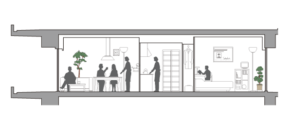 Building structure.  [Flat Floor] Flat floor in consideration of the safety of children and elderly. Room and the hallways and around water, such as, To eliminate a step from the floor in the dwelling unit, It is designed to prevent the stumbling (conceptual diagram)