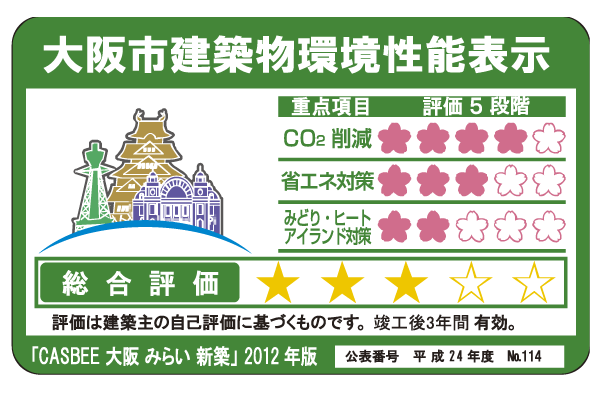 Building structure.  [Osaka City building environmental performance display system] In building a comprehensive environment plan that building owners to submit to Osaka, We evaluated at each five levels a comprehensive evaluation of the environmental performance of buildings by the effort degree and CASBEE for three key items that Osaka stipulated