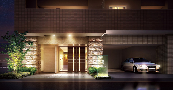 Buildings and facilities. Entrance provided in the recessed position from the main street. Indoor parking and indoor bike racks to the right hand ・ Is provided, such as bike yard (entrance Rendering)