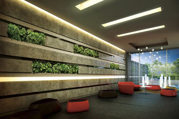 Features of the building.  [Entrance hall] Rich look and pasting wall stone feel the elegance by tile, And wall greening feel the continuity from the Oasis Court becomes accent, Space to feel the personality even in heavy. Light coming through the window illuminates also the basin, We create the healing Jing in the lush greenery and twinkle (Rendering)