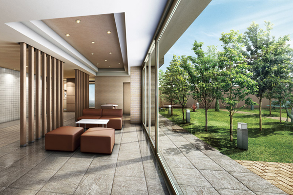 Features of the building.  [Entrance hall ・ courtyard] Spread Once inside the building, Entrance Hall, such as the prestigious hotel. Tiled floor, It exudes the atmosphere of a high-quality residence in a calm atmosphere that has been tailored wood tile accents. further, It consists of the design with the depth in consideration of the sense of unity with the courtyard that spread through the window. Shrub ・ In the center of the earth to be kind, Tailoring was the courtyard in the space feel, Coupled with the views of the colorful lawn, Will produce a space of peace (Rendering)