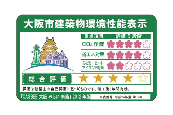Building structure.  [Osaka City building environmental performance display system] In building a comprehensive environment plan that building owners to submit to Osaka, We evaluated at each five levels a comprehensive evaluation of the environmental performance of buildings by the effort degree and CASBEE for three key items that Osaka stipulated