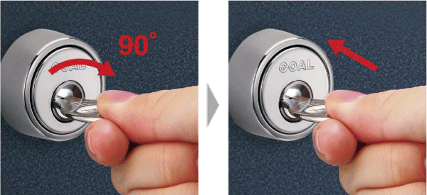 Security.  [Security signal lock] ON of the security system / Security signal lock with a built-in switch for the OFF. Locking of the entrance door ・ In conjunction with the unlocking, Set of security system ・ You can release a single key ※ Turn the key and lock, Security system will be ON as it can be pushed in the direction of the door. The system automatically when unlocking Turn the key at the time of the security state will be OFF (illustration)