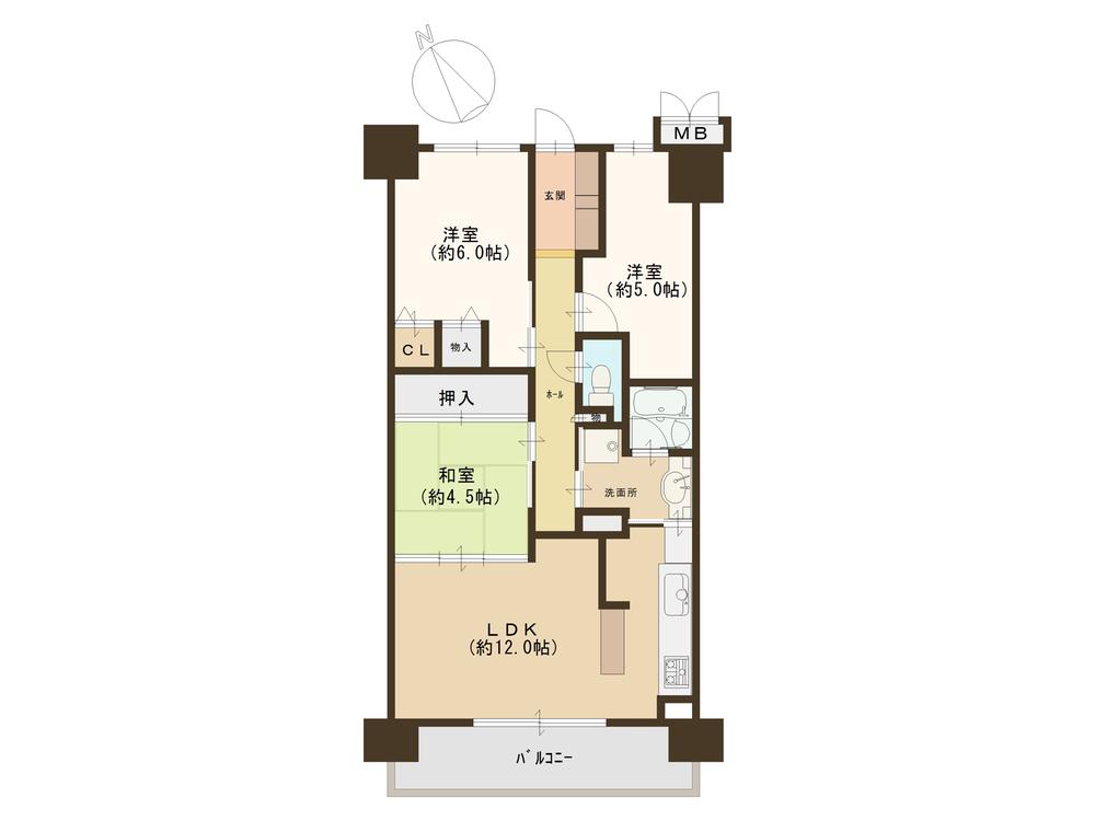 Floor plan. 3LDK, Price 22,800,000 yen, Occupied area 65.88 sq m , Balcony area 11.59 sq m