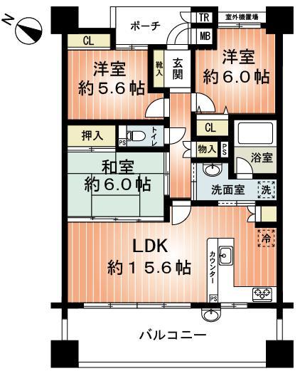 Floor plan. 3LDK, Price 23.8 million yen, Occupied area 75.12 sq m , Balcony area 15.6 sq m