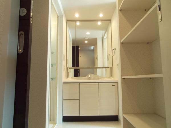 Wash basin, toilet. It is a vanity with a large three-sided mirror