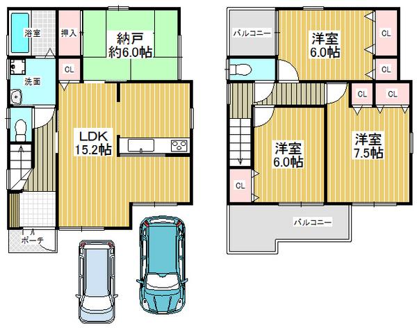 Floor plan. 27,800,000 yen, 3LDK+S, Land area 109.46 sq m , Building area 95.57 sq m convenient parking space two possible even when the visitor