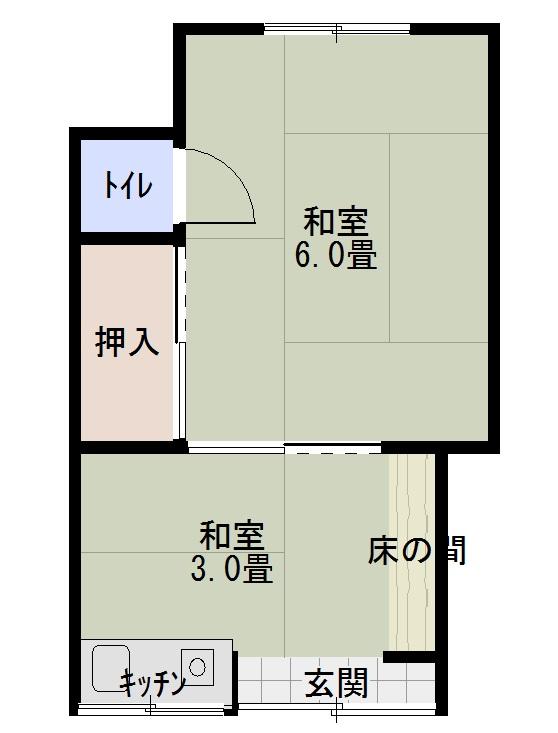 Floor plan. 30 million yen, 2K, Land area 168 sq m , Building area 253.91 sq m 105, Room 飽間 up view tatami ・ Sliding door ・ floor ・ wall ・ Ceiling foundation ・ cross ・ toilet ・ kitchen ・ Water heater ・ Air conditioning ・ window ・ Entrance door ・ Lighting all refurbished replacement already