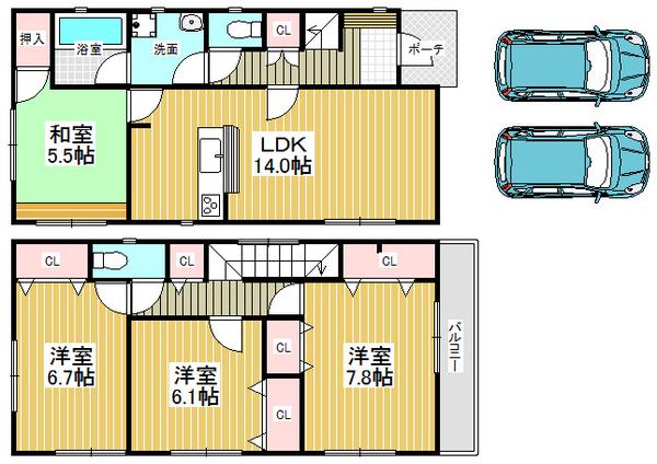 Floor plan. 25,500,000 yen, 4LDK, Land area 95.66 sq m , Building area 95.57 sq m car park is spacious two
