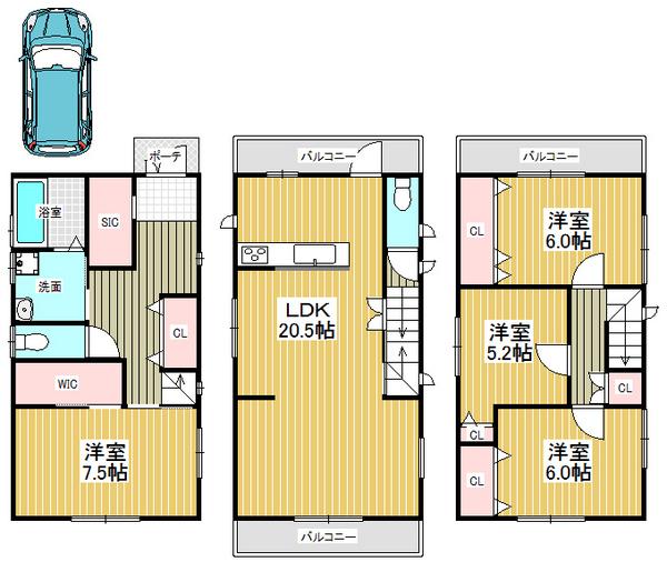 Floor plan. 33,800,000 yen, 4LDK, Land area 85.46 sq m , Building area 115.41 sq m