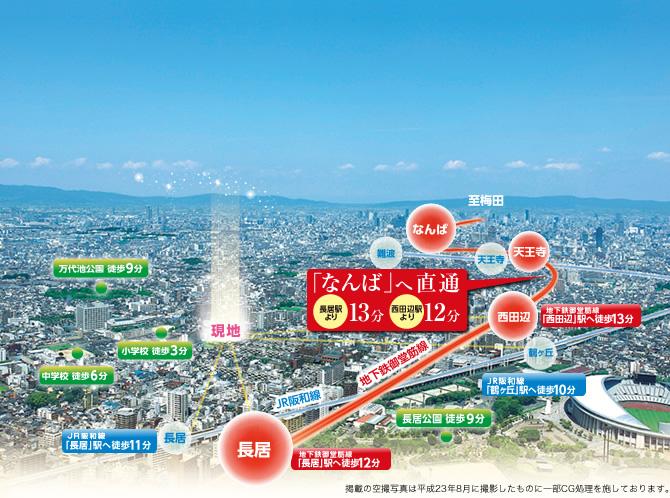 To Namba, To Umeda, To Hon! Live in direct location to the city center. Osaka city Midosujisen wayside ・ Detached of the city project Mido Nagai Gardens, birth! ( ※ Aerial photo of the articles and is subjected to some CG process was taken in August 2011)