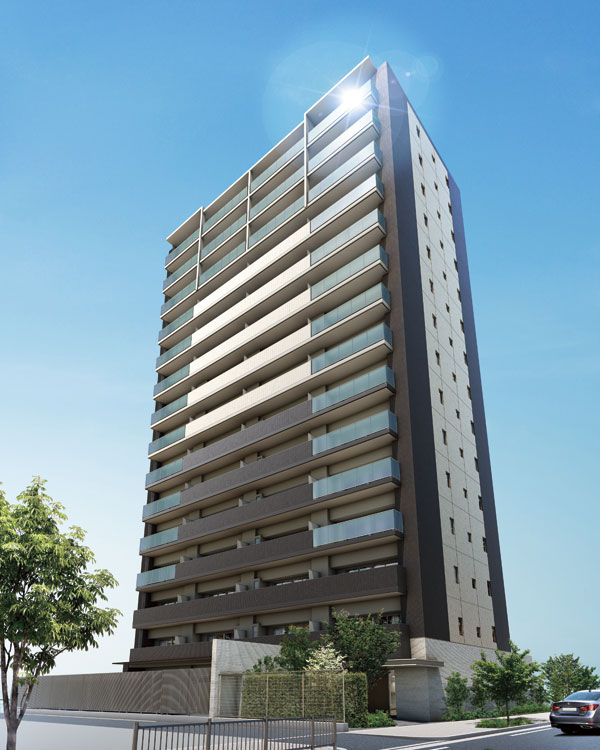 Buildings and facilities. Appearance stand Kaori also modernity while in harmony with the ethos of Tezukayama. Symmetric configuration south facade that becomes the face of the building to produce a neat look. White-based tile and glass handrail of the balcony is to draw the tiles and vivid contrast of the surrounding dark brown, Sophistication and magnificent has impressed the appearance of fusion (Exterior view)