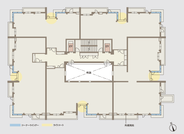 Features of the building.  [Corner window ・ Light Court] Hallways and stairs in the center of the building, Adopt a center core design to install an elevator (lift). Well as the independence, It has realized the living space with increased openness. In particular,, Living boasts a sense of openness on a corner window ・ dining, Entrance hall, such as facing the refreshing light coat, While feeling the richness of as a private residence, It has been considered so that feel fine ethos of Tezukayama (conceptual diagram)