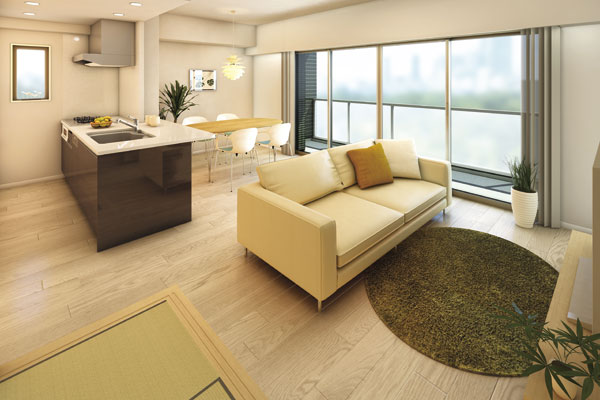 Room and equipment. Corner dwelling unit plan of the entire residence is three-sided lighting. The airy LDK spread full south, , Combined with the Japanese-style room of Tsuzukiai will be a large space of 19 tatami than (B type Rendering Perth)