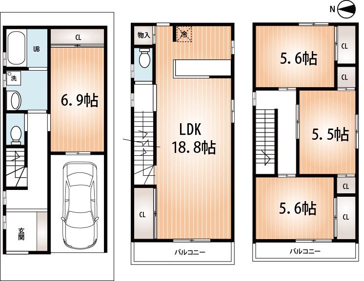 Floor plan. 29,800,000 yen, 4LDK, Land area 54.24 sq m , Building area 107.1 sq m