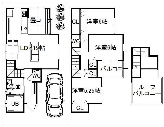 Floor plan. 32,900,000 yen, 3LDK, Land area 75.27 sq m , Roof balcony of liberation preeminent in the large space of the building area 86.05 sq m living 19 Pledge!