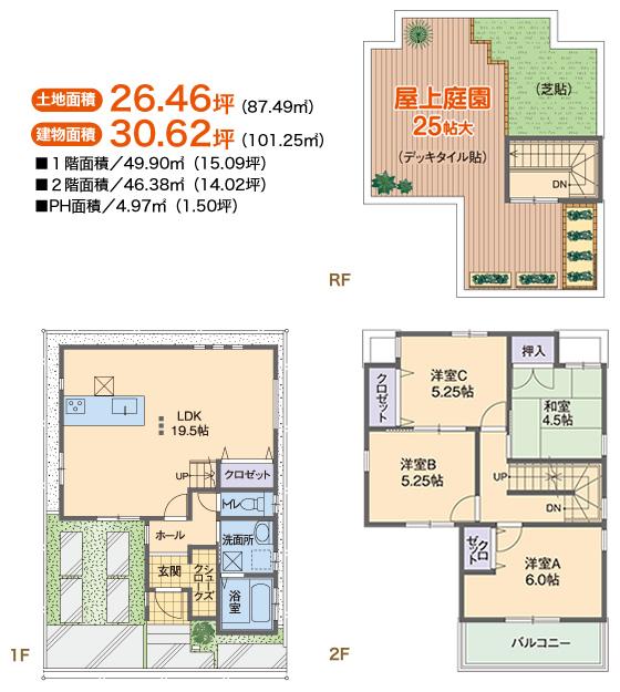 Other building plan example.  [Model house plan with a sky deck] Land area / 87.49m2 building area / 101.25m2