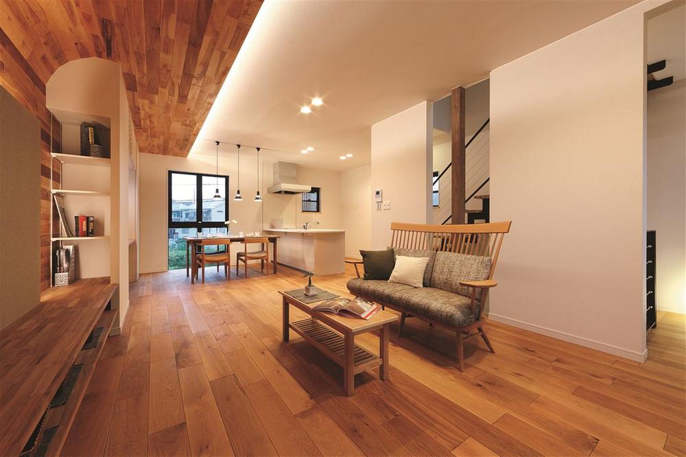 Building plan example (introspection photo). By carefully selected natural materials, It has created a gently tasteful living space. The indirect lighting is soft impression.