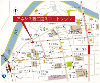Local guide map. Hankyu Takarazuka Line "Three Kingdoms" station walk 9 minutes, Subway Midosuji Line "Higashimikuni" station walk 13 minutes Guest parking equipped