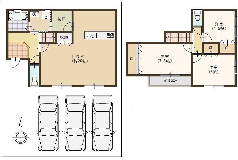 Floor plan. 24.5 million yen, 3LDK, Land area 186.66 sq m , Building area 92.34 sq m south-facing is a floor plan of the quire LDK20.