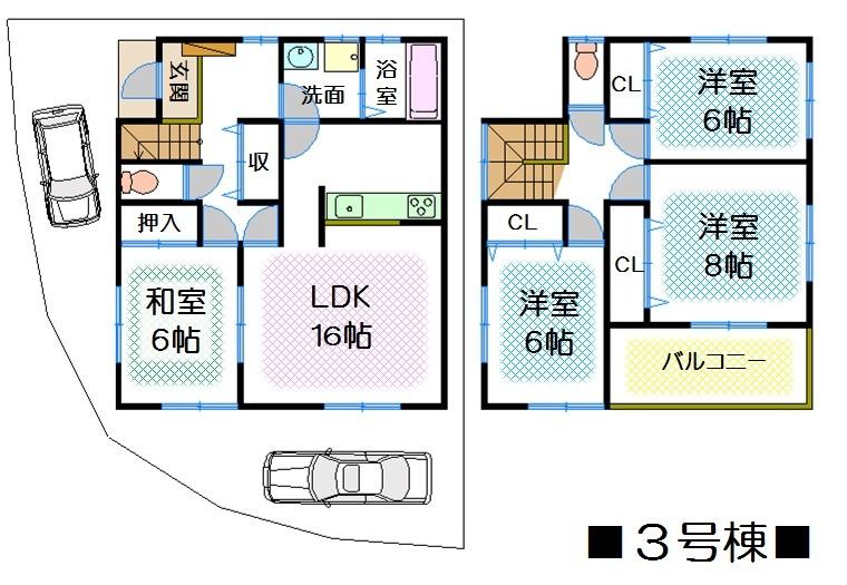 Floor plan. (3 Building), Price 28,300,000 yen, 4LDK, Land area 112.38 sq m , Building area 105.98 sq m