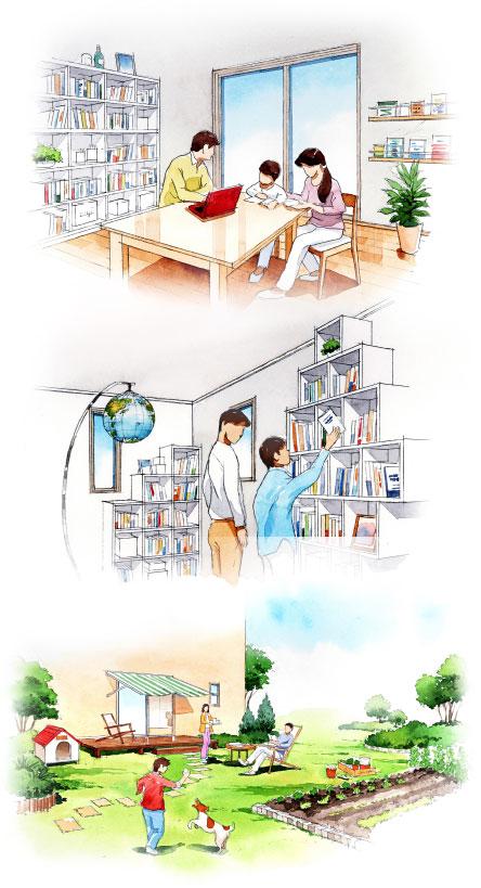 Other.  ◆  ◆  House plan  ◆  ◆ (1) the idea of ​​a large living room put a bookshelf. Try to increase the opportunity to become a book and friends. (2) set up a shelf in the children's room. Inquiring mind, Up the ambition. (3) clear of the garden, It is also wonderful open-minded tea break.