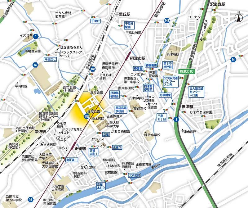 Local guide map. Hankyu "Shojaku" 6-minute walk to the station, 2WAY access of a 9-minute walk from JR "shore" station.