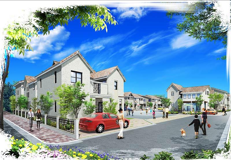 Cityscape Rendering. Large road and children of gather compartment in the park considering the safety of the people who live. Point of tiled roof also urban development that warm to the cobblestone ground color.