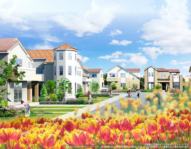 Construction completion expected view. To the streets with a sense of unity in the symbol tree of each city block. (Cityscape image illustration)