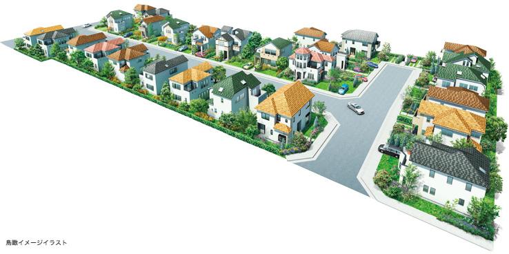 Construction completion expected view. Two-story room with a garden, The city of all 27 compartments. (Bird's-eye image illustration)