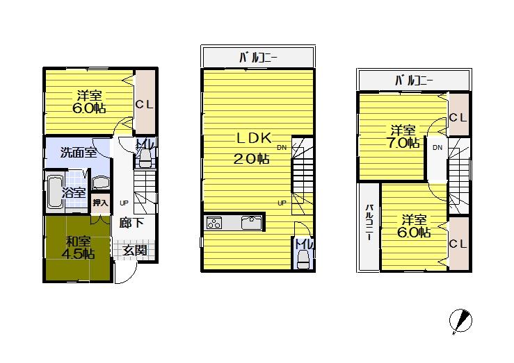 Floor plan. (3 Building), Price 39,800,000 yen, 4LDK, Land area 82.2 sq m , Building area 104.74 sq m