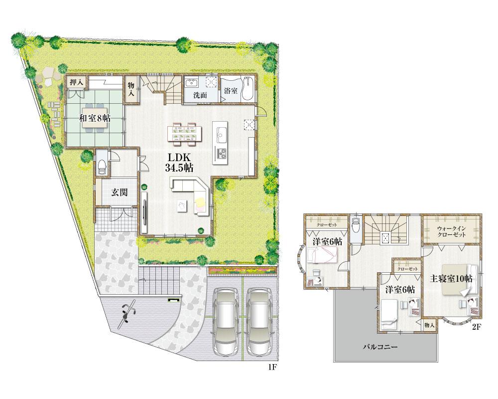 Compartment view + building plan example. Building plan example, Land price 49,800,000 yen, Land area 263.46 sq m , Building price 24,560,000 yen, Building area 154.71 sq m
