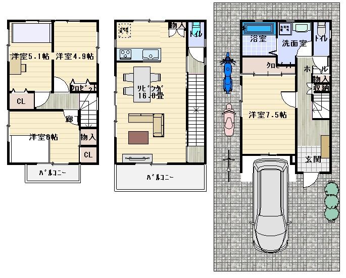 Floor plan. 36,800,000 yen, 4LDK, Land area 80 sq m , Building area 101.61 sq m neighboring house and a widely taken possible parked motorcycle or bicycle because between