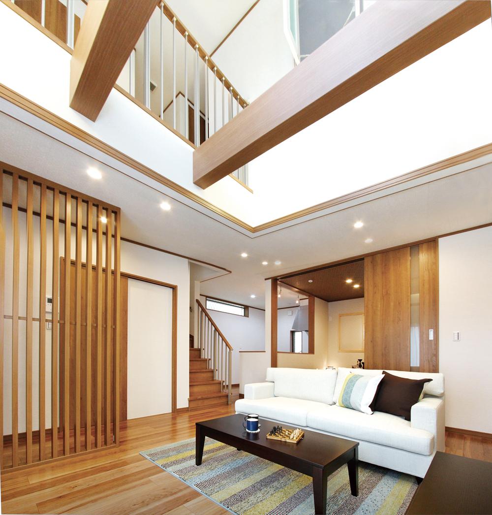 Building plan example (introspection photo).  [Our construction cases]  A vaulted ceiling living. It looks wide rooms at the full feeling of opening atrium!