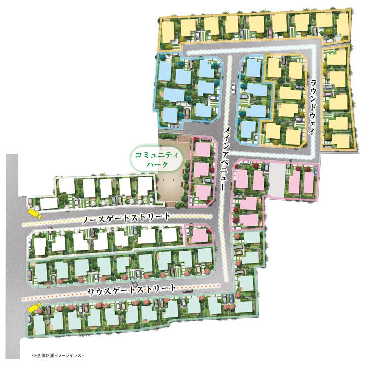 The entire compartment Figure. All sections 100m2 than, The land plan full of green and clear, New Town to draw a smile full of life scene of the family. (The entire compartment view image illustrations)