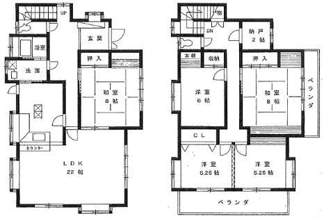 Floor plan. 34,800,000 yen, 5LDK + S (storeroom), Land area 189.35 sq m , Building area 141.74 sq m LDK is located spacious about 22 Pledge! Counter kitchen! 