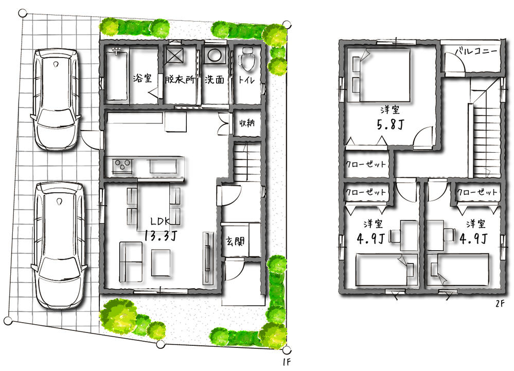 Floor plan. 29,800,000 yen, 3LDK, Land area 83.26 sq m , Building area 76.5 sq m 3LDK + parking space two possible!