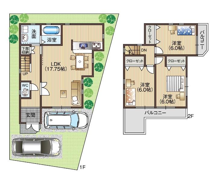 Floor plan. 29,800,000 yen, 3LDK + S (storeroom), Land area 90.85 sq m , Building area 85.46 sq m garage two OK Southeast corner lot