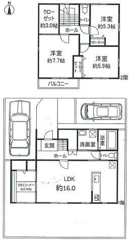 Floor plan. Es ・ by ・ House of El construction! Proud of the house is south-facing large garden! Heisei is already completed in 25 years in February! Car two cars can park! All room is flooring! Please feel free to preview ◎