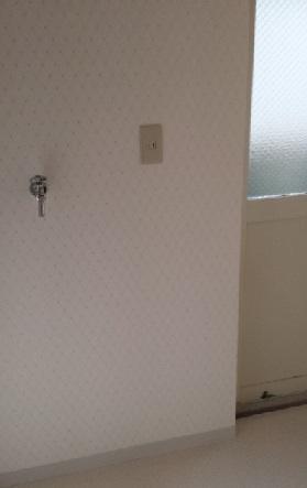 Wash basin, toilet. There is a washing machine inside the room