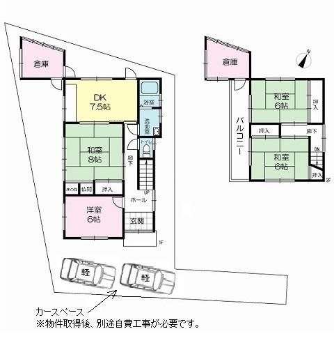 Floor plan. 13.8 million yen, 4DK + 2S (storeroom), Land area 146.63 sq m , Building area 84.46 sq m car two (light) can park