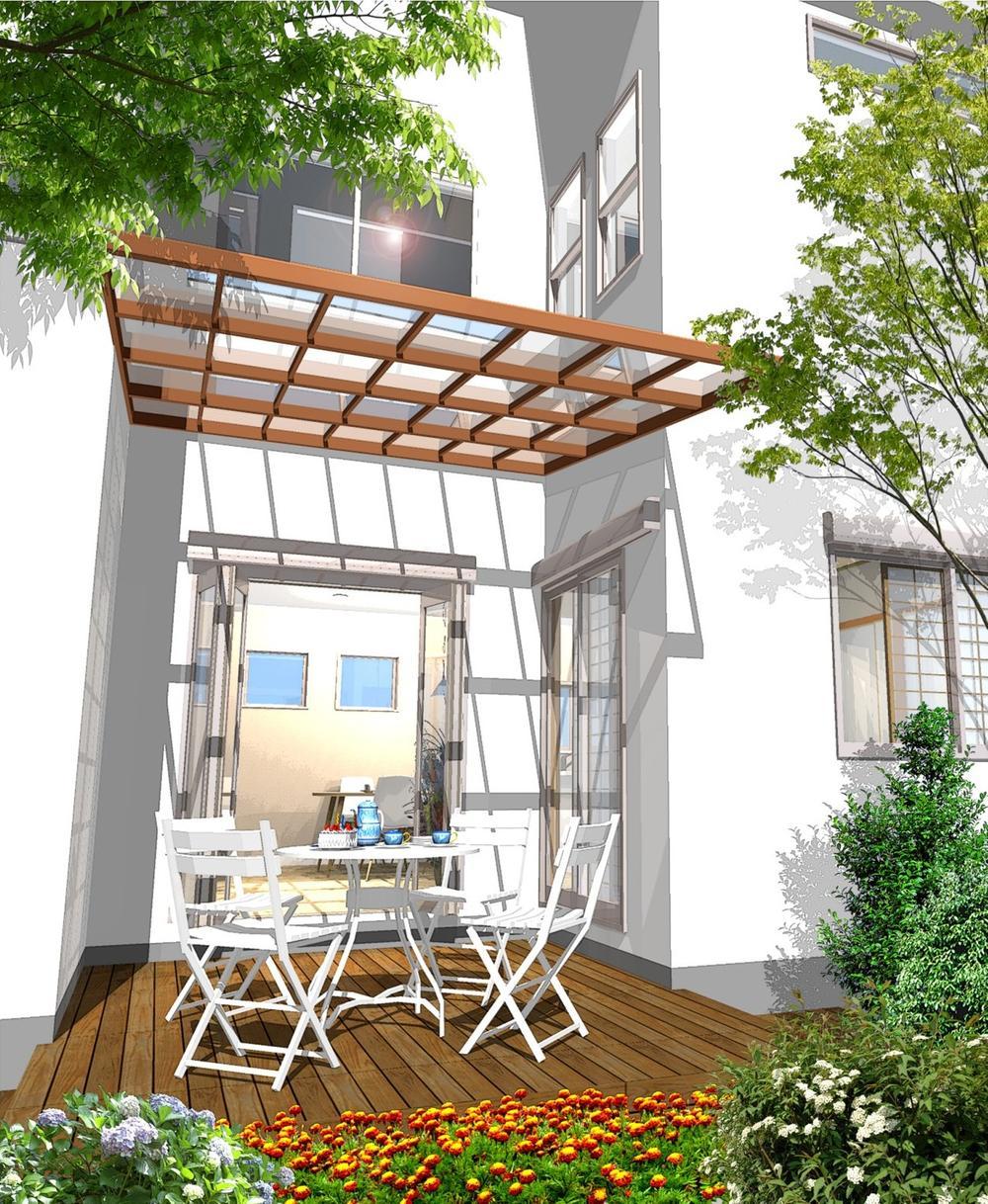 Rendering (introspection). Spend on the terrace, Time and spacious. Forget the hustle and bustle of everyday, Such a luxurious time at home (Rendering)