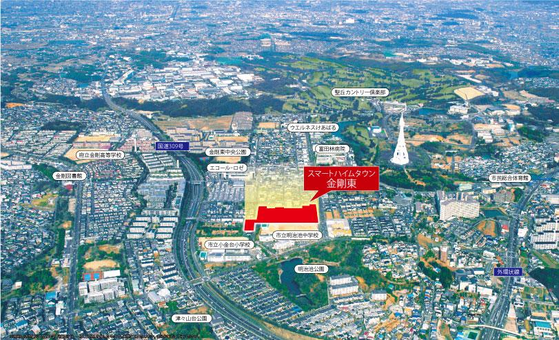 aerial photograph. The southeastern part of the Osaka Plain, Kongo East New Town, which spread to the lush green hills. From leisurely lap center area conveniently situated near the location of this town at the time of ripening, Life of quality starts that you can enjoy the rich green and convenient and comfortable urban life.