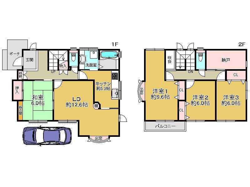 Floor plan. Old (Ltd.) per lightweight steel frame 2-story house east and west both sides road of Kubota House construction, Day is good. 